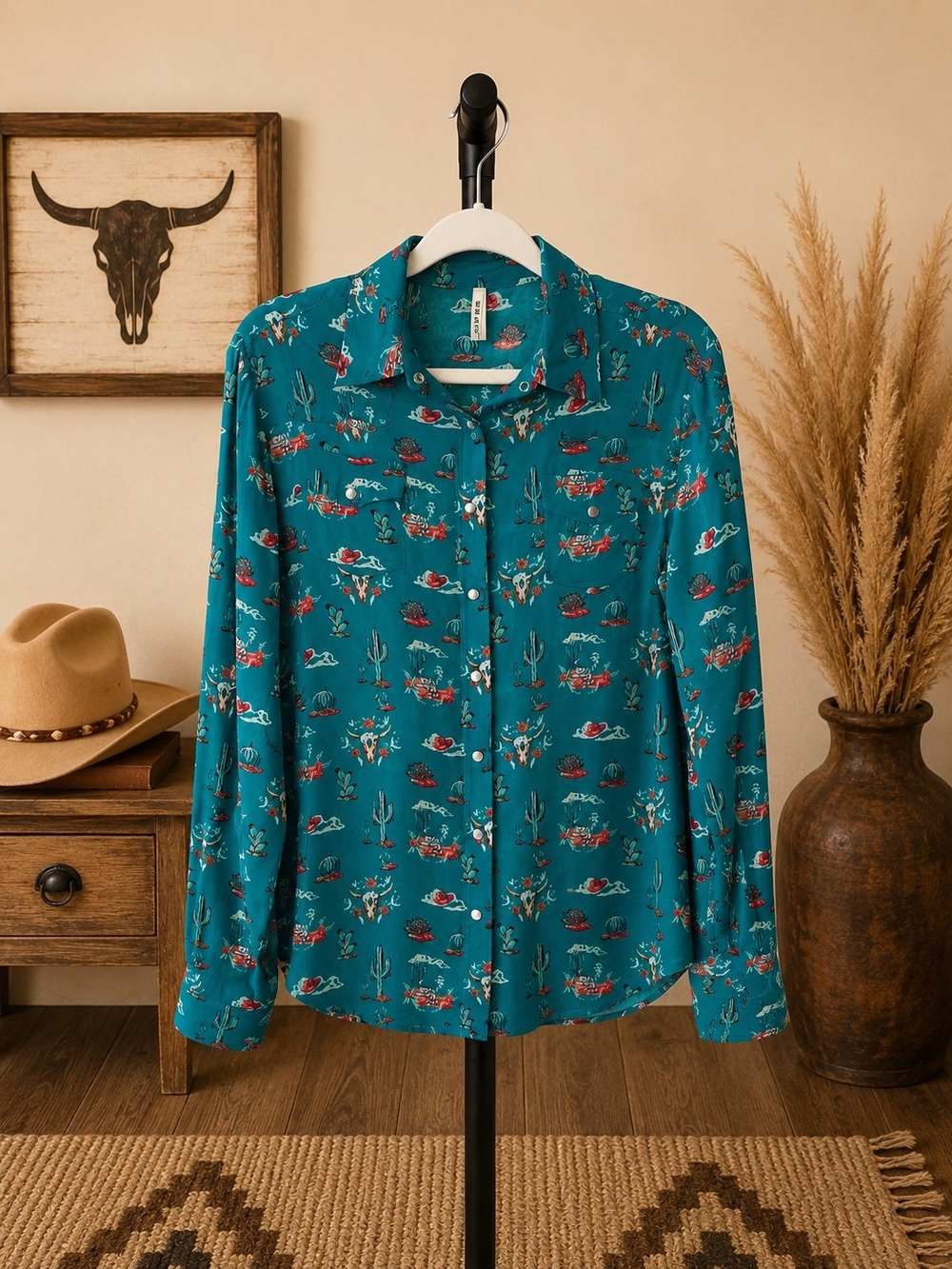 Roper Teal Western Print Pearl Snap Blouse, L